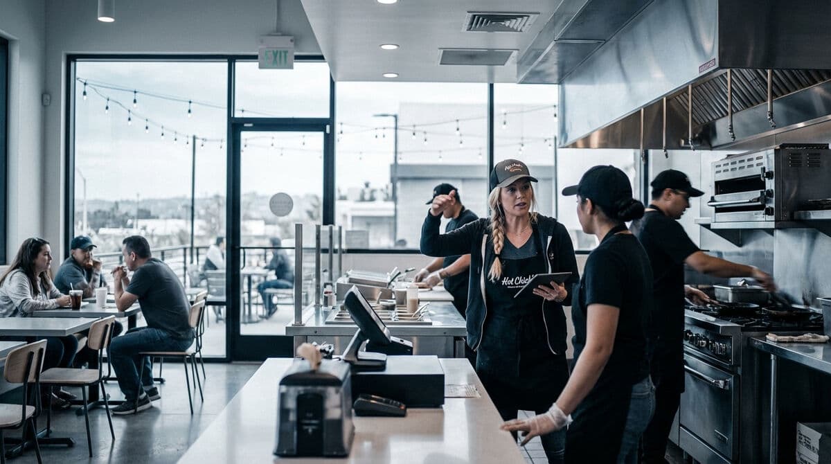 Franchise front counter staff coordinating orders during restaurant service
