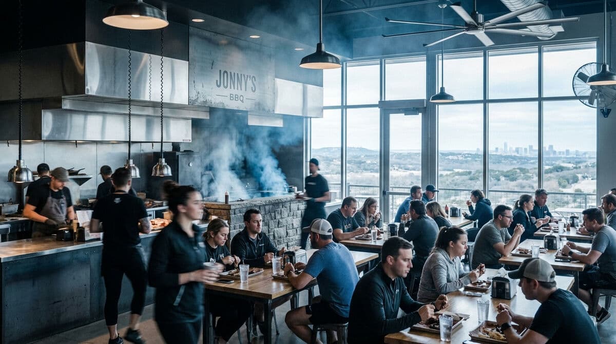 Full-service franchise restaurant during busy dinner period with smoke and atmosphere