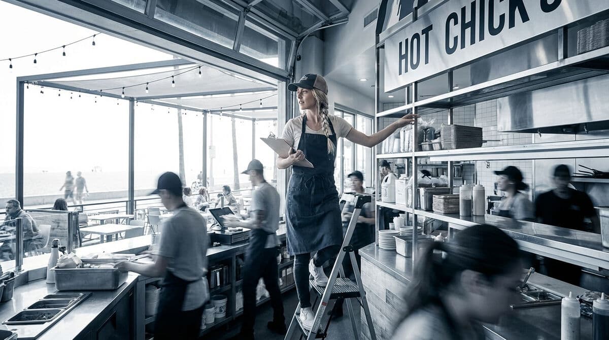 Franchise kitchen manager directing fast-casual restaurant operations with motion blur