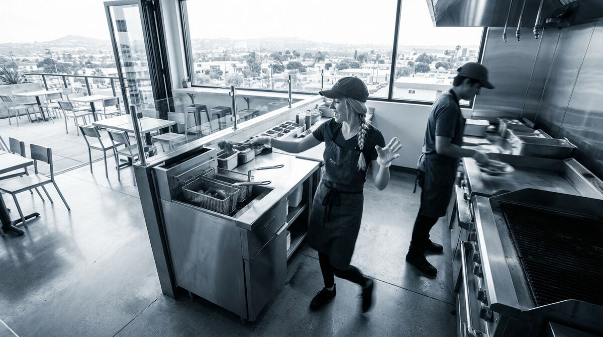 Overhead view of franchise kitchen team coordinating operations during service