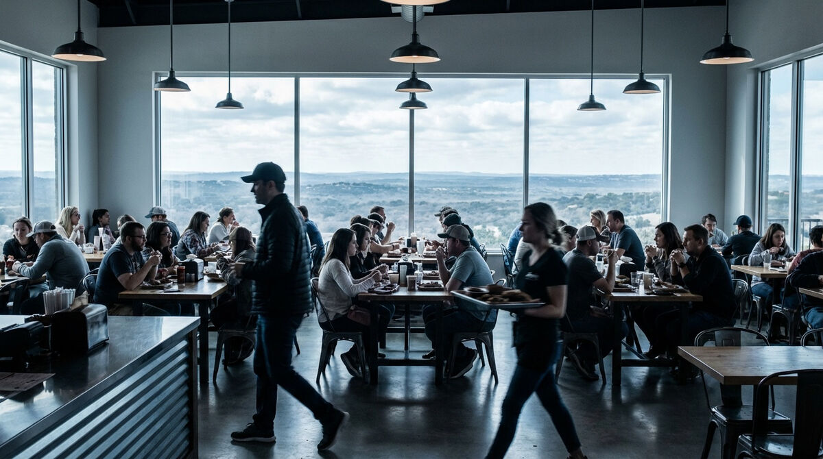 Busy franchise restaurant dining room with panoramic windows and full tables